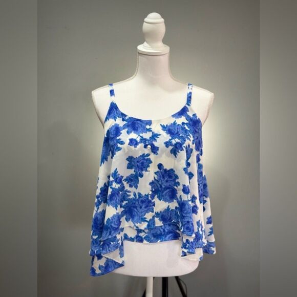 Blue Floral Paper Crane Strappy Blouse Size S EUC - Picture 1 of 6